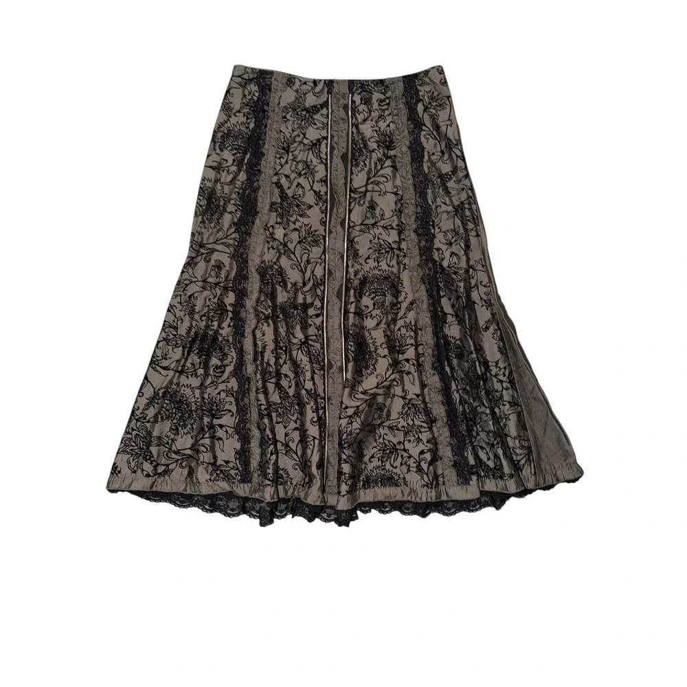 Calico Floral Embroidered Lace Trim Midi Skirt Olive Black Gothic Boho  12 A10